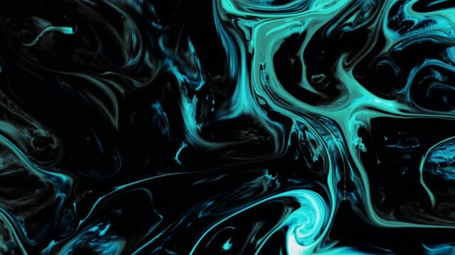 Abstract turquoise and black fluid ink background with slow motion swirl. Elegant modern marble effect loop perfect for cinematic backdrop, creative visuals, and digital wallpaper.
