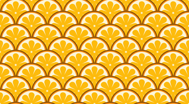 Stylish seamless pattern featuring overlapping semicircular orange slices in fish-scale layout. This vibrant, geometric citrus design is ideal for modern fabric prints, wallpaper, and stationery.