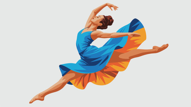 A stylized illustration of a female ballet dancer leaping mid-air in a flowing blue dress with orange lining against a neutral solid colored background.