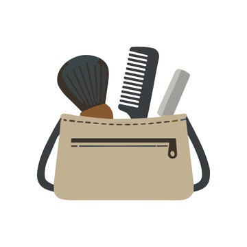 Tan cosmetic bag with makeup tools.