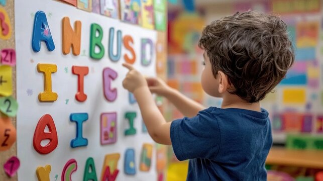 A young child pointing at colorful alphabetic letters on a wall chart in a cheerful preschool classroom
