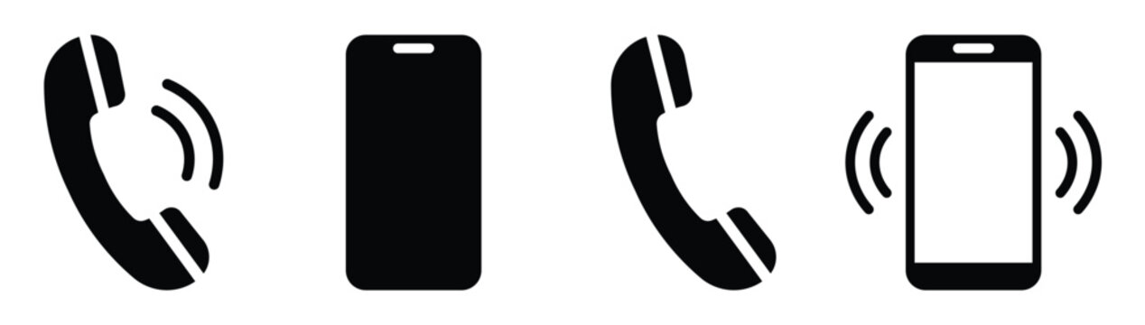 A set of solid black communication symbols including telephone and vibration waves in flat style. mobile phone interface icons for web design. vector illustration.