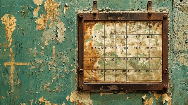 A worn calendar on a prison wall with days crossed off marking the length of a jail term