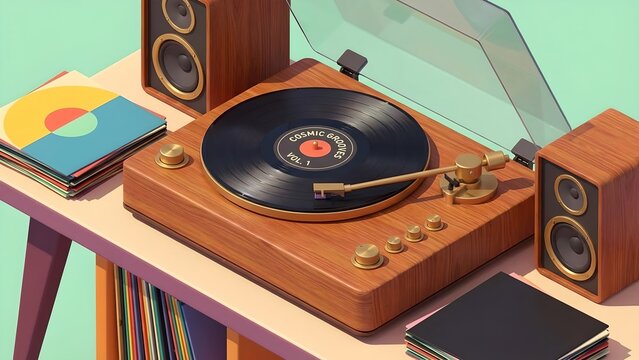 A vintage turntable with a vinyl record playing, surrounded by stacks of records and two speakers, creating a retro audio setup