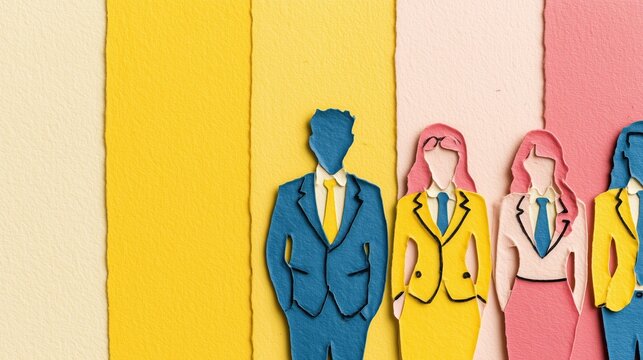 An illustration of layered paper-cut silhouettes of different professions standing together. Teamwork and diversity concept.
