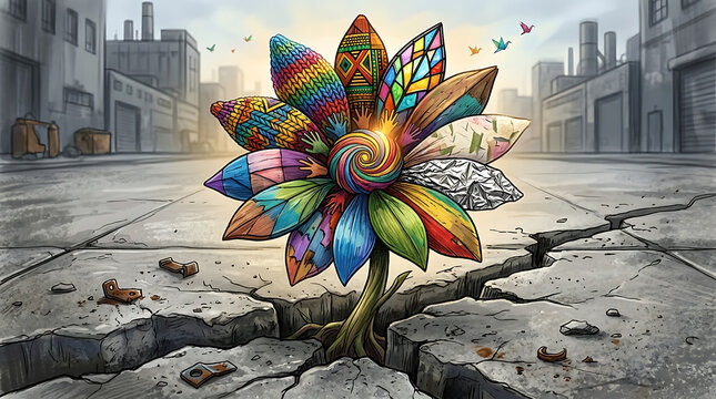 Resilient multicolored blossom emerging from a weathered concrete fracture symbolizing human diversity, strength, and triumph over social adversity through persistence and natural beauty.