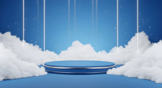 3d render blue podium stage surrounded by white clouds and glowing vertical lights