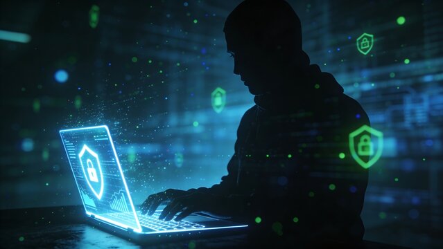 Generative AI depicts a hacker engaging with cybersecurity threats digitally