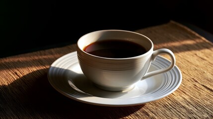 Obraz premium A white ceramic coffee cup rests on a dark surface illuminated by warm dramatic light