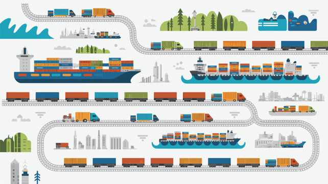 Comprehensive logistics map featuring multiple cargo train routes, shipping vessels, delivery trucks, and urban silhouettes rendered in a flat, multi-colored vector style.