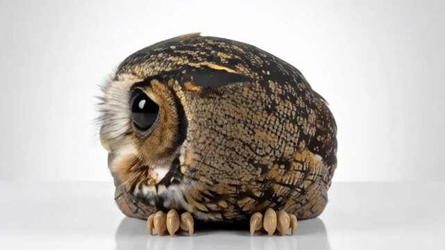 Adorable little owl with huge black eyes tilts its head in curiosity against a pristine white studio background.