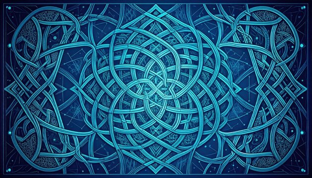 Intricate, blue interwoven Celtic knotwork design with decorative patterns