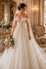 Fototapeta premium Elegant bride in a stunning off-the-shoulder wedding gown holds a bouquet of white flowers, standing gracefully in an opulent room adorned with chandeliers and vintage decor