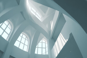 Fototapeta premium Dynamic White Interior with Curved Walls and Arched Windows