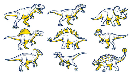 Collection of Cartoon Dinosaurs: T-Rex, Triceratops, Stegosaurus, Velociraptor © Roni