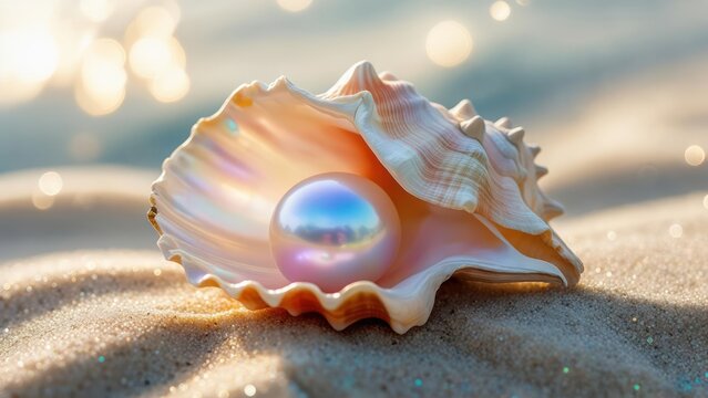 Pearl in seashell on beach