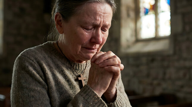 Emotional Close Portrait of a Devout Person Praying with a Tear Expressing Deep Faith and Spiritual Devotion to Jesus Christ and the Lord during Prayer