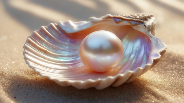 Pearl in seashell on sand