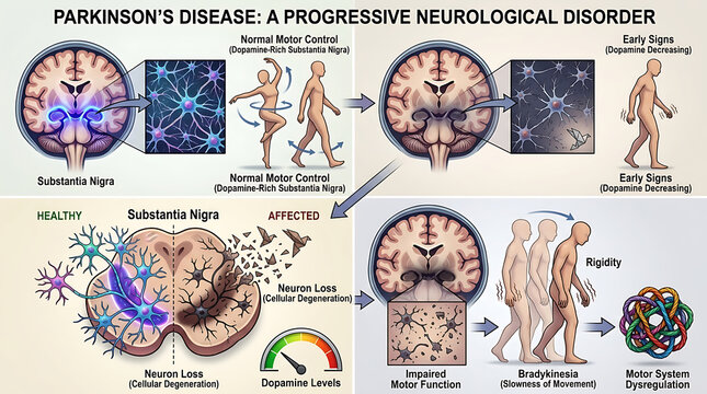 Medical illustration of Parkinson disease showing progressive neurological degeneration of dopamine neuron cells in the substantia nigra section of a human brain anatomy diagram model.