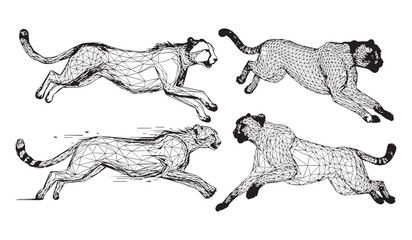 Four dynamic cheetahs captured in running poses, rendered with a modern polygonal wireframe style © BULBUL ISLAM