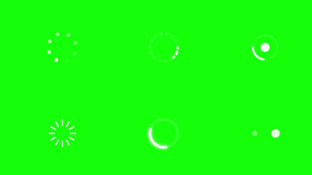 Set of animated white loading circles and progress indicators isolated on a green screen background