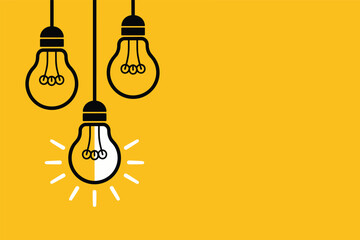 Illuminated Idea. A single glowing lightbulb stands out among three hanging bulbs, symbolizing innovation and breakthrough thinking against a vibrant yellow background. © SHUVO