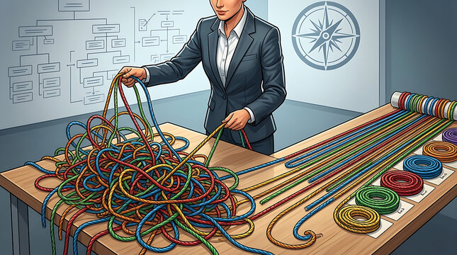 Effective Management Leadership Strategy Represented by Human Hand Organizing Tangled Multicolored Ropes into Neat Parallel Patterns Symbolizing Orderly Solutions and Business Process Optimization.