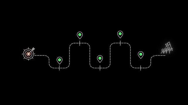 Business and Project Roadmap Concept. virtual screen with roadmap overlay, steps in a project or strategic planning process. Waypoint icons and ends with goal achievement. 4k animated.