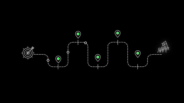 Business and Project Roadmap Concept. virtual screen with roadmap overlay, steps in a project or strategic planning process. Waypoint icons and ends with goal achievement. 4k animated.