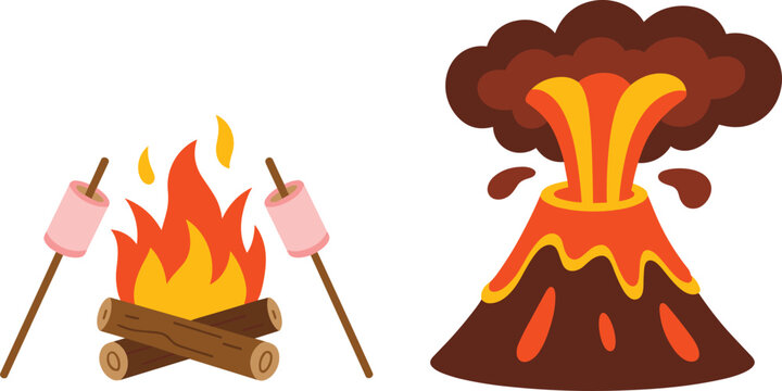 Retro adventure patch vector set with campfire roasting marshmallow and erupting lava volcano emblem