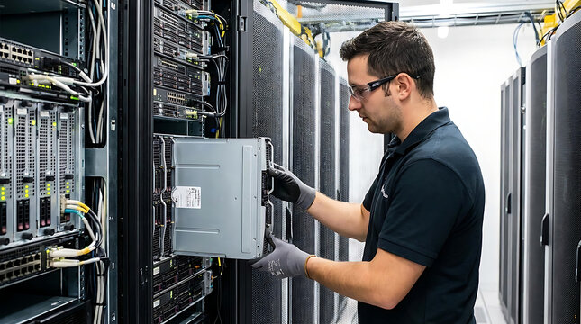 Professional IT engineer carefully installing high-performance enterprise server blade into metallic rack cabinet inside modern telecommunications data center facility for hardware maintenance.