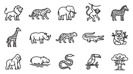 Safari animal line icons set, 15 wild jungle wildlife vector elements, minimalist zoo creature outline illustrations for educational branding © Rosie