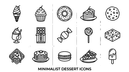 Minimalist dessert icons, sweet treats, black line art, 16 food symbols, vector graphics © Rosie