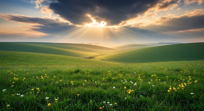 Beautiful morning sunrise over rolling green hills with wildflowers.