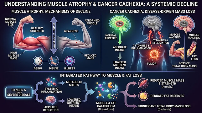 Medical Illustration of Muscle Atrophy Showing Significant Decrease in Tissue Size and Physical Strength Due to Aging Illness or Cancer Cachexia Leading to Body Mass Loss and Fragility