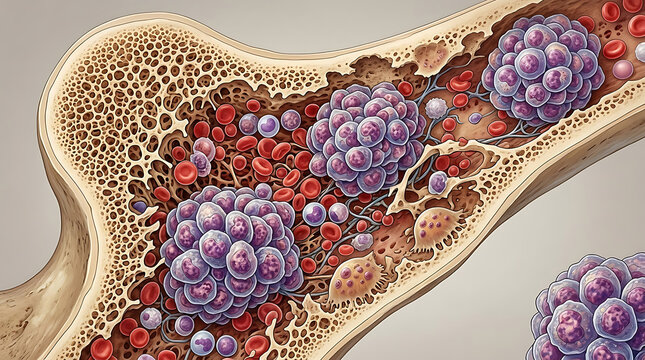 Multiple myeloma medical concept depicting malignant plasma cell cancer growth within human bone marrow anatomy featuring abnormal white cell and skeletal structure illustration for oncology.