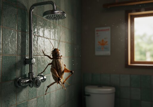 Cricket in shower bathroom scene with water droplets and green tiles
