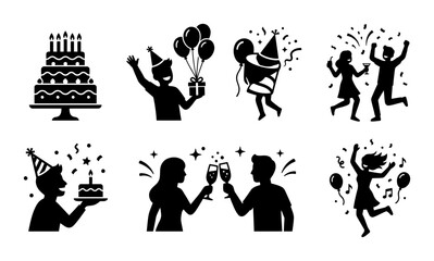 Obraz premium Birthday Celebration Icons, Party Silhouettes, Festive Elements, Anniversary Vector Graphics