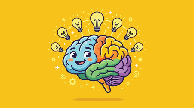 Happy Brain Character with Lightbulb Ideas on Yellow Background