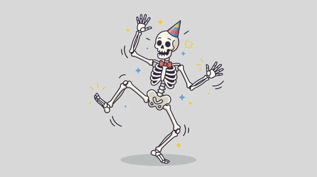 Dancing skeleton with party hat and bow tie