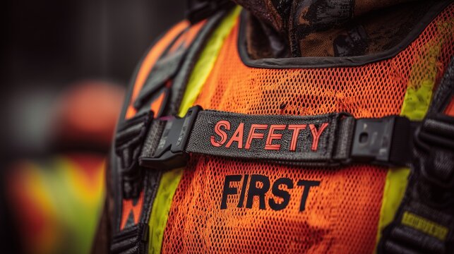 High visibility safety vest with safety first label on construction worker during site safety audit, emphasizing personal protective equipment and compliance check.