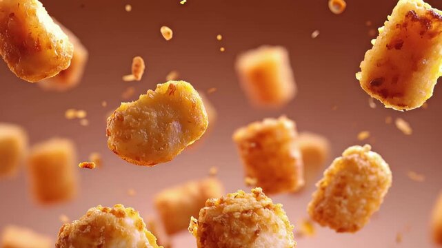 Crispy tater tots fall from above in a fun cooking moment in a busy kitchen setting