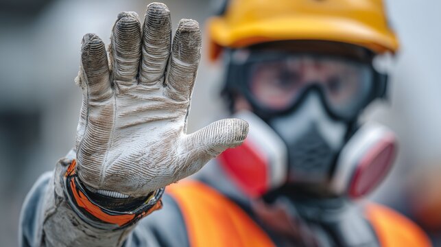 Construction worker wearing hard hat, respirator, safety goggles, glove and high visibility vest signaling stop during a site safety audit.