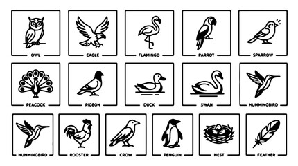 Fototapeta premium Bird icons, black and white vector set, 20 animal illustrations, bird silhouettes