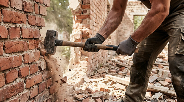 Strong hands gripping a heavy metal sledgehammer swinging with force to demolish a red clay brick wall, concept of manual destruction, renovation, site construction, and intense physical labor.