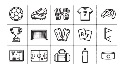 Soccer football icon set with 15 outline vector elements, professional sports equipment symbols, athletic competition gear illustrations for web and apps © Rosie