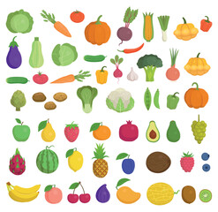 Fototapeta premium Colorful collection of simple fruits and vegetables in flat cartoon style. Cute healthy food icons isolated on white background. Perfect for educational materials, 