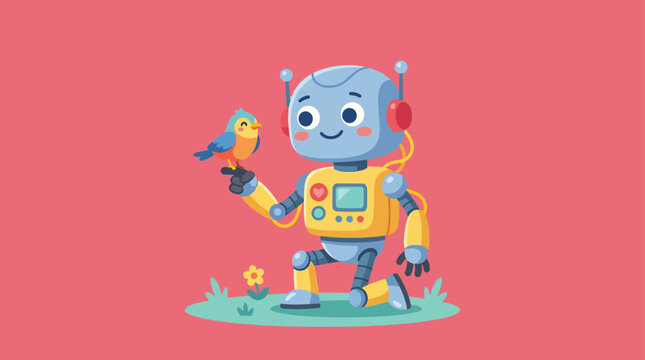 Friendly robot holds bird on a sunny day