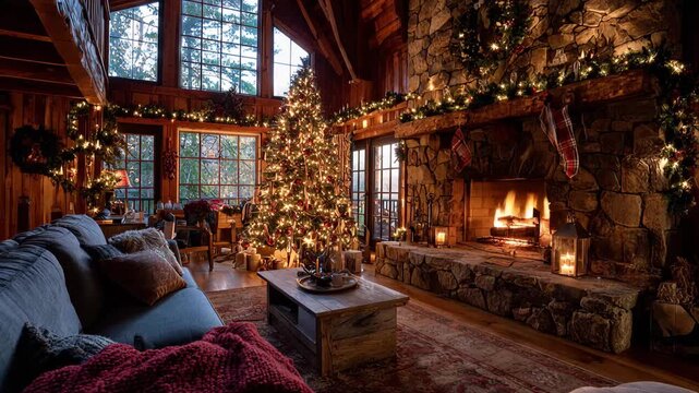 Cozy living room with a Christmas tree and fireplace during the winter evening in a wooden cabin