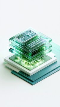 Isometric 3D illustration focusing on a green hydrogen fuel cell stack with detailed water droplets and electric pulses set against a minimalist white background with tealblue